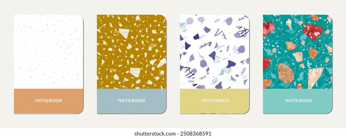 Notebook cover design. Terrazzo abstract background made of natural stones, granite, quartz and marble. Venetian terrazzo texture notebook cover template.