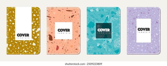 Notebook cover design. Terrazzo abstract background made of natural stones, granite, quartz and marble. Venetian terrazzo texture notebook cover template.