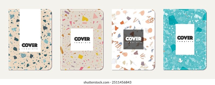 Notebook cover design. Terrazzo abstract background made of natural stones, granite, quartz and marble. Venetian terrazzo texture notebook cover template.