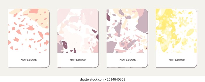 Design da tampa do notebook. Fundo abstrato terrazzo feito de pedras naturais, granito, quartzo e mármore. Modelo de capa de caderno de textura terrazzo veneziano.