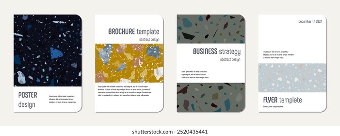 Notebook cover design. Terrazzo abstract background made of natural stones, granite, quartz and marble. Venetian terrazzo texture notebook cover template.