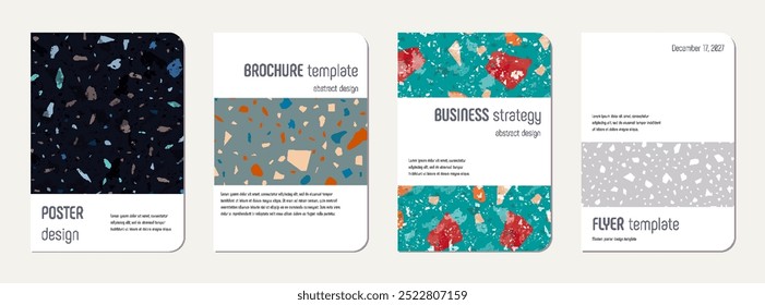 Notebook cover design. Terrazzo abstract background made of natural stones, granite, quartz and marble. Venetian terrazzo texture notebook cover template.