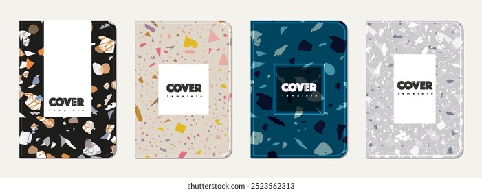 Notebook cover design. Terrazzo abstract background made of natural stones, granite, quartz and marble. Venetian terrazzo texture notebook cover template.