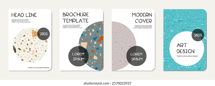 Notebook cover design. Terrazzo abstract background made of natural stones, granite, quartz and marble. Venetian terrazzo texture notebook cover template.