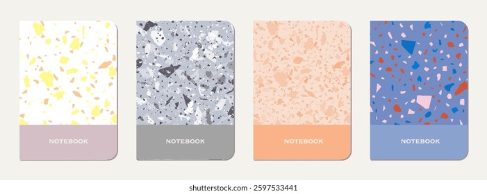 Notebook cover design. Terrazzo abstract background made of natural stones, granite, quartz and marble. Venetian terrazzo texture notebook cover template.