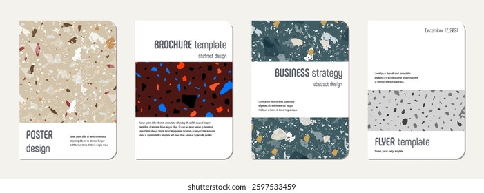 Notebook cover design. Terrazzo abstract background made of natural stones, granite, quartz and marble. Venetian terrazzo texture notebook cover template.