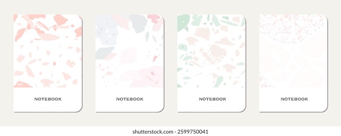 Notebook cover design. Terrazzo abstract background made of natural stones, granite, quartz and marble. Venetian terrazzo texture notebook cover template.