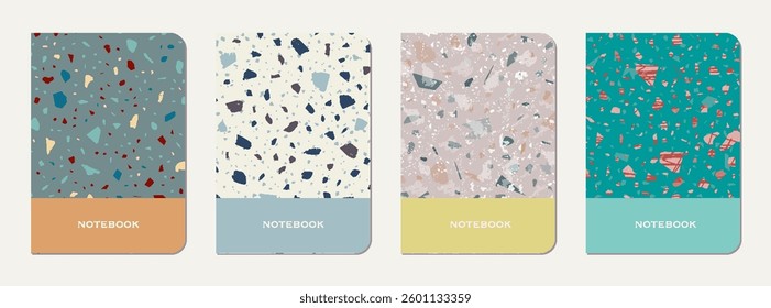 Notebook cover design. Terrazzo abstract background made of natural stones, granite, quartz and marble. Venetian terrazzo texture notebook cover template.
