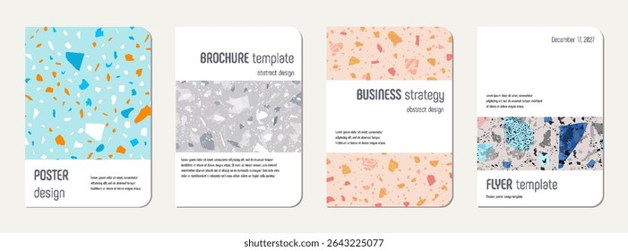 Notebook cover design. Terrazzo abstract background made of natural stones, granite, quartz and marble. Venetian terrazzo texture notebook cover template.