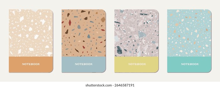 Notebook cover design. Terrazzo abstract background made of natural stones, granite, quartz and marble. Venetian terrazzo texture notebook cover template.