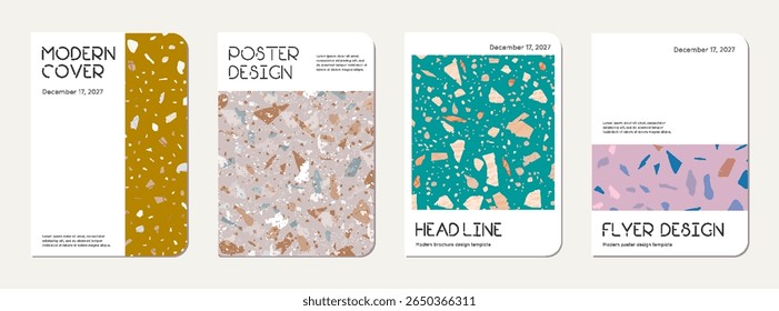 Notebook cover design. Terrazzo abstract background made of natural stones, granite, quartz and marble. Venetian terrazzo texture notebook cover template.