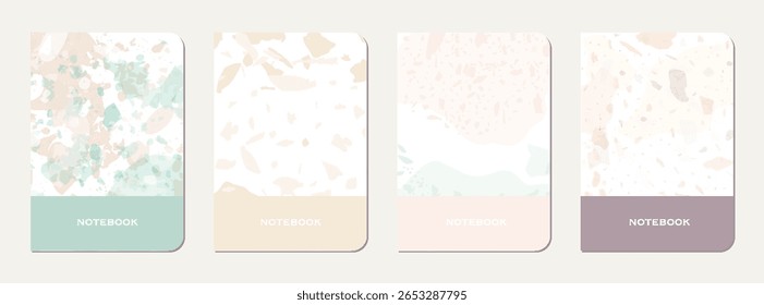 Diseño de portada de cuaderno. Fondo abstracto de terrazo hecho de piedras naturales, granito, cuarzo y mármol. Plantilla de cubierta de cuaderno de textura de terrazo veneciano.