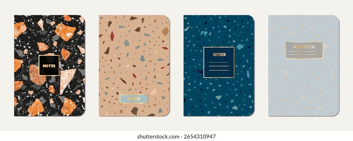 Notebook cover design. Terrazzo abstract background made of natural stones, granite, quartz and marble. Venetian terrazzo texture notebook cover template.