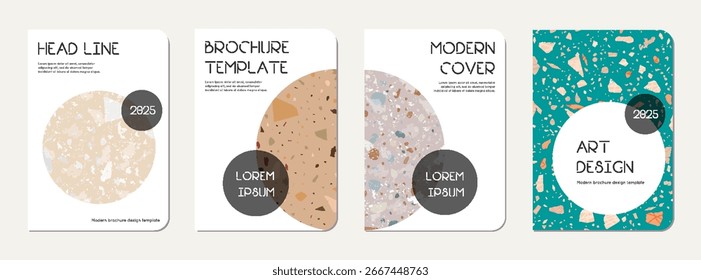 Notebook cover design. Terrazzo abstract background made of natural stones, granite, quartz and marble. Venetian terrazzo texture notebook cover template.