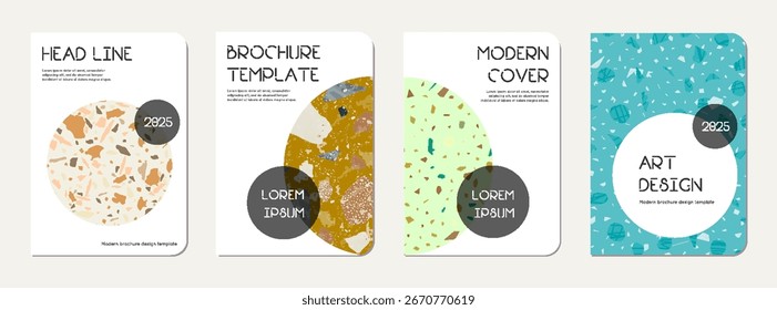 Notebook cover design. Terrazzo abstract background made of natural stones, granite, quartz and marble. Venetian terrazzo texture notebook cover template.