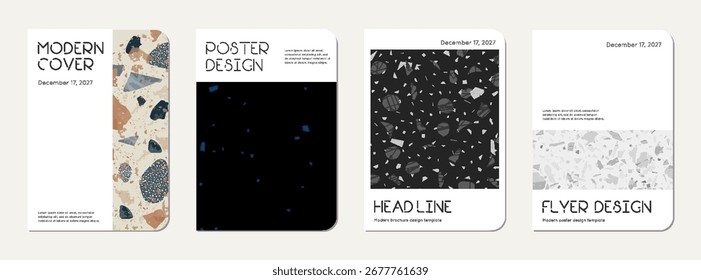 Notebook cover design. Terrazzo abstract background made of natural stones, granite, quartz and marble. Venetian terrazzo texture notebook cover template.