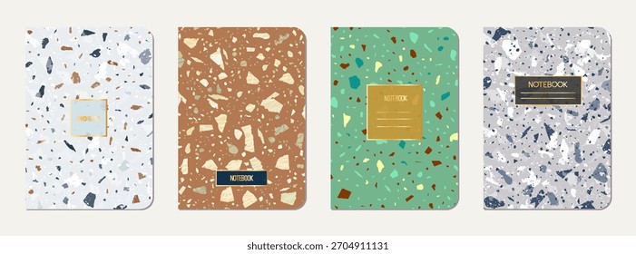 Notebook-Abdeckungsdesign. Abstrakter Terrazzo-Hintergrund aus Natursteinen, Granit, Quarz und Marmor. Venezianische Terrazzo Textur Notebook Cover-Vorlage.