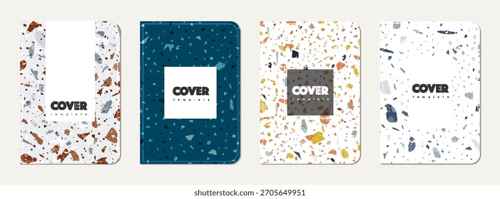 Notebook cover design. Terrazzo abstract background made of natural stones, granite, quartz and marble. Venetian terrazzo texture notebook cover template.