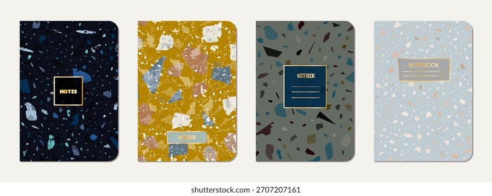 Notebook cover design. Terrazzo abstract background made of natural stones, granite, quartz and marble. Venetian terrazzo texture notebook cover template.