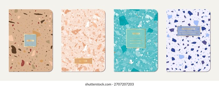 Design da tampa do notebook. Fundo abstrato terrazzo feito de pedras naturais, granito, quartzo e mármore. Modelo de capa de caderno de textura terrazzo veneziano.