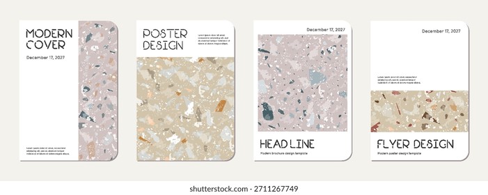 Diseño de portada de cuaderno. Fondo abstracto de terrazo hecho de piedras naturales, granito, cuarzo y mármol. Plantilla de cubierta de cuaderno de textura de terrazo veneciano.