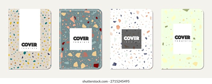 Notebook cover design. Terrazzo abstract background made of natural stones, granite, quartz and marble. Venetian terrazzo texture notebook cover template.