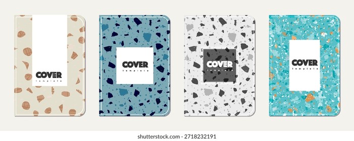 Notebook-Abdeckungsdesign. Abstrakter Terrazzo-Hintergrund aus Natursteinen, Granit, Quarz und Marmor. Venezianische Terrazzo Textur Notebook Cover-Vorlage.