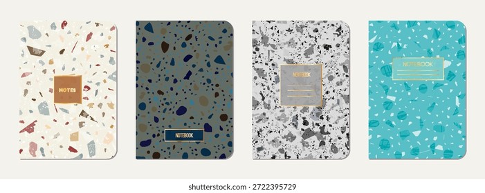 Notebook-Abdeckungsdesign. Abstrakter Terrazzo-Hintergrund aus Natursteinen, Granit, Quarz und Marmor. Venezianische Terrazzo Textur Notebook Cover-Vorlage.