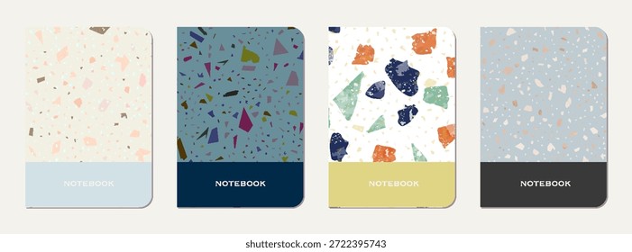 Notebook cover design. Terrazzo abstract background made of natural stones, granite, quartz and marble. Venetian terrazzo texture notebook cover template.