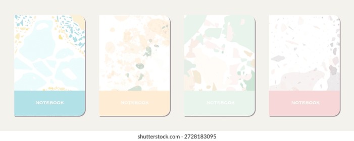 Notebook-Abdeckungsdesign. Abstrakter Terrazzo-Hintergrund aus Natursteinen, Granit, Quarz und Marmor. Venezianische Terrazzo Textur Notebook Cover-Vorlage.