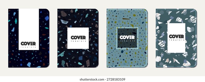 Notebook-Abdeckungsdesign. Abstrakter Terrazzo-Hintergrund aus Natursteinen, Granit, Quarz und Marmor. Venezianische Terrazzo Textur Notebook Cover-Vorlage.