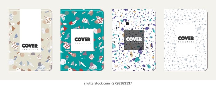 Notebook-Abdeckungsdesign. Abstrakter Terrazzo-Hintergrund aus Natursteinen, Granit, Quarz und Marmor. Venezianische Terrazzo Textur Notebook Cover-Vorlage.
