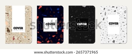 Notebook cover design. Terrazzo abstract background made of natural stones, granite, quartz and marble. Venetian terrazzo texture notebook cover template.