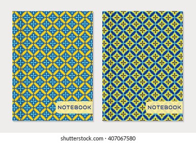 Notebook cover designs. Two exercise books with abstract blue and yellow patterns isolated on white background. Oriental style collection. Vector set.