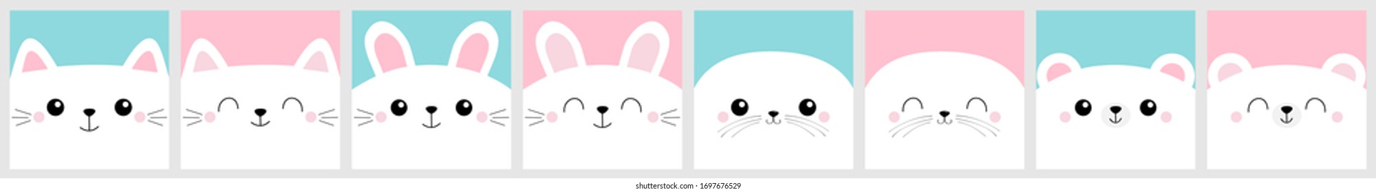 Notebook cover, greeting card. White cat rabbit bunny seal pup sea lion, bear head face square icon set line. Cute cartoon kawaii funny character Valentines Day Flat design Blue pink background Vector
