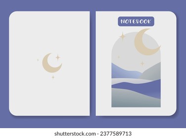 Notebook cover with landscape first and last page. Mountains aesthetic illustration.