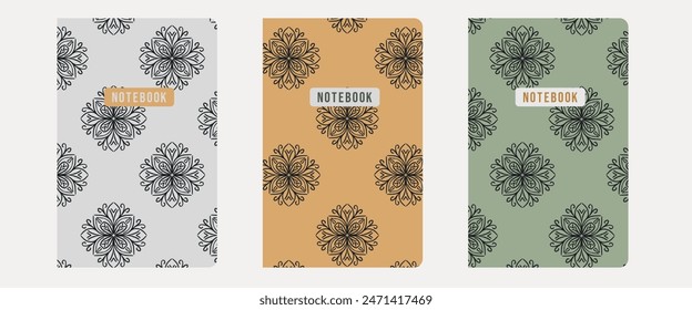 notebook cover, mandala stitch pattern - planner, fabric, decoration, stationery. Vector	