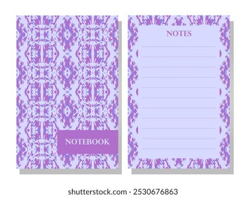 Notebook cover and notepad design. Seamless geometric abstract ethnic pattern. Blue and purple hues. Traditional textile-inspired style. Visually striking and bold. Pattern for fabric, stationery.