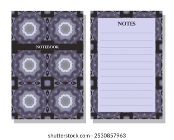 Capa do notebook e modelo de design do bloco de notas com repetição de padrão abstrato caleidoscópio perfeito. Cor cinza e roxo suavizado. Estilo tradicional inspirado em têxteis. Visualmente impressionante e arrojado. 