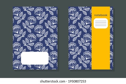 Notebook cover page template. Cover for sketchbook, planners, brochures, books, catalogs, notebook A4 format. Seamless flower and leaves blue pattern