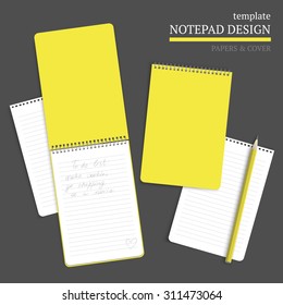 Notebook cover, papers and pencil on dark background. Vector template for design work.