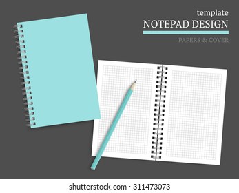 Notebook cover, papers and pencil on dark background. Vector template for design work.