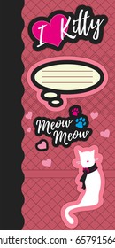 Notebook cover. Postcard. Colorful cover with patches. Cat in scarf,  thinking bubble, inscriptions "I love kitty", "Meow Meow". Vector illustration.