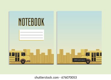 Notebook cover with school bus on city landscape