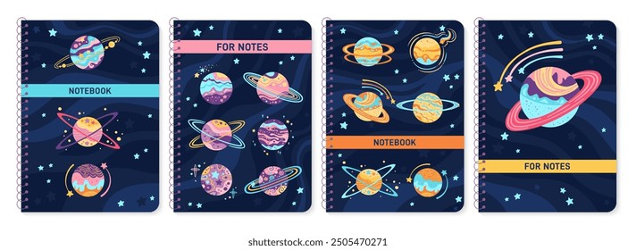 Notebook cover set with fantasy planets. Abstract cosmic galaxy fantastic spheres design for planner, brochure book catalog. Notepad with planets in space. Decorative layout page print template poster