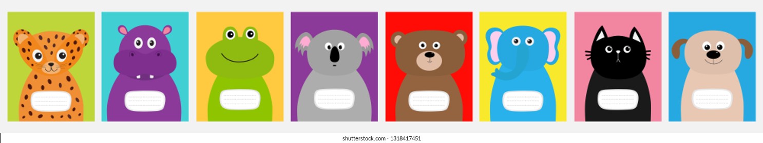 Notebook cover set line. Cat, dog, jaguar, hippopotamus, elephant, bear frog koala. Zoo animal face Cute cartoon character set Baby children education. Flat design White background Vector illustration