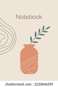 Notebook cover in the style of Mid Century Modern. Vector background in warm shades with vase and leaves