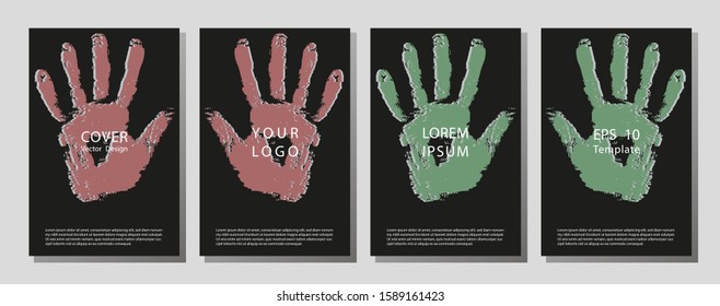 Notebook cover template. Black cover page background. Bright handprint. Original minimalistic cover set. Hand drawn brush.