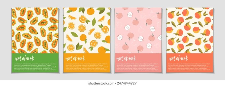 Notebook cover template with colorful fruit patterns with apples, papaya, oranges, peaches. Planner, diary, notepad, organizer with cute design. Vector cards, notes, stickers, labels.