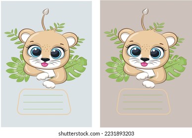 Notebook cover template: composition book for kids A cute lion hid in the bushes  Pet Baby Print is funny cartoon kawaii character  Flat design 